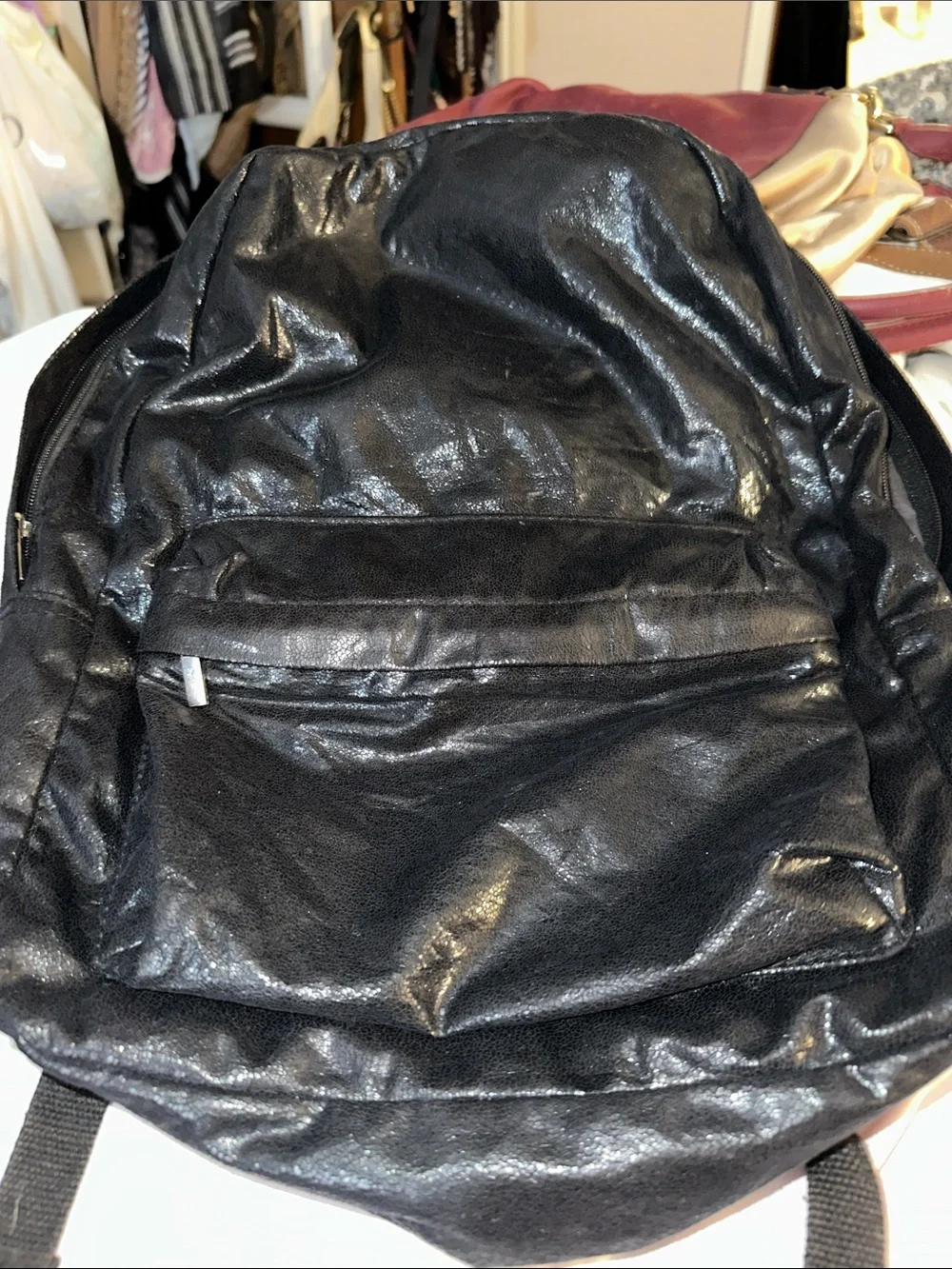 NWOT Beginning Boutique Black Shiny Leather Backpack silver acc pocket adjust